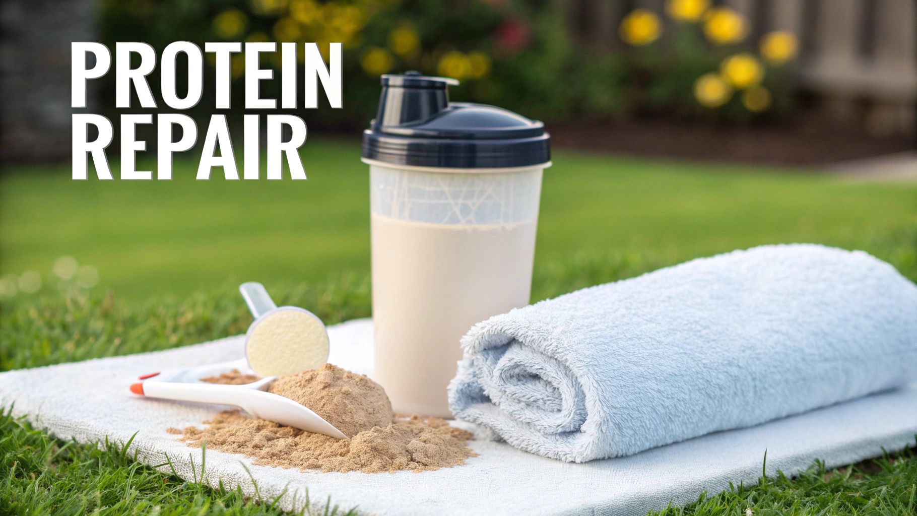 A scoop of whey protein powder next to a shaker bottle, symbolizing muscle repair.
