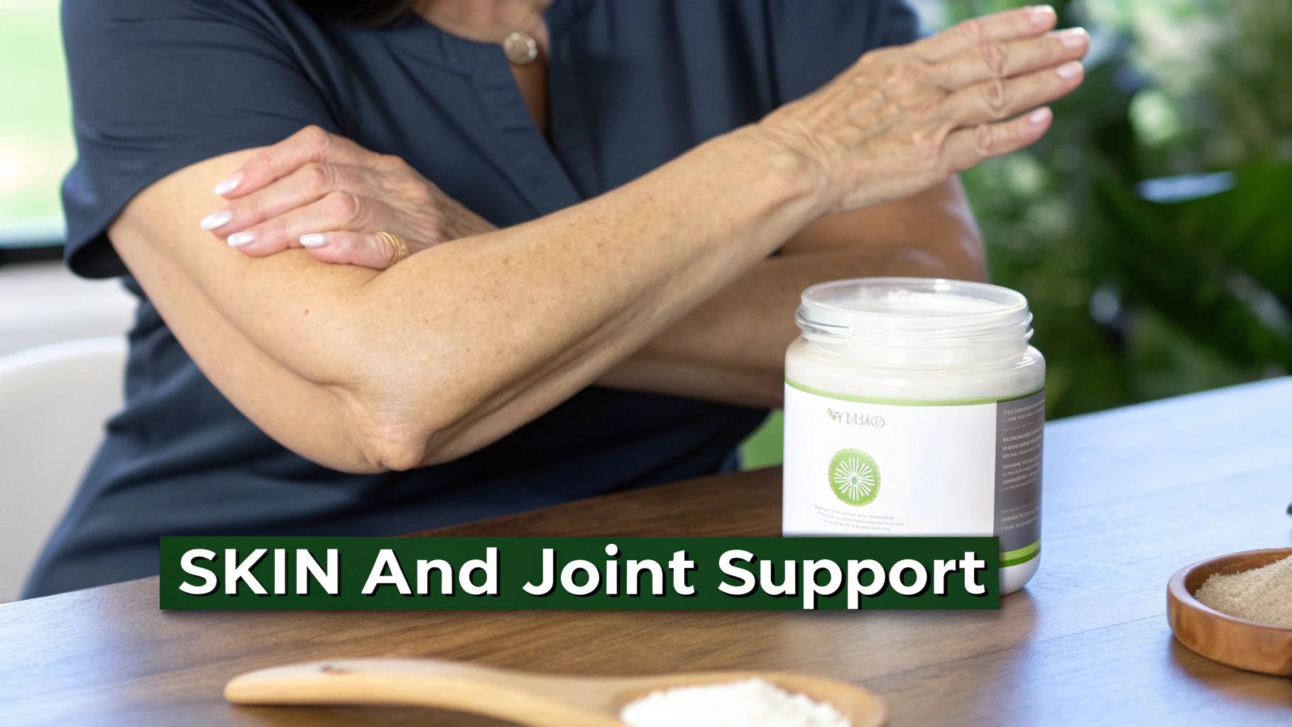 A person holding their elbow in discomfort, next to a jar of collagen powder for skin and joint support.
