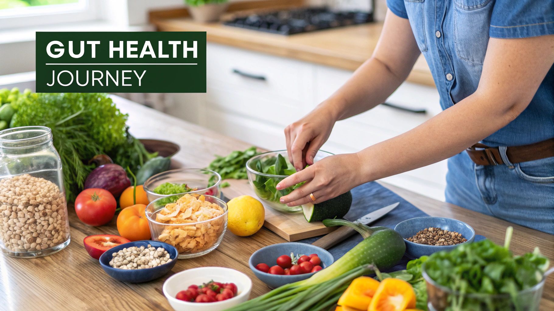 A wooden table with an assortment of colorful gut-healthy foods like fruits, vegetables, and fermented items.