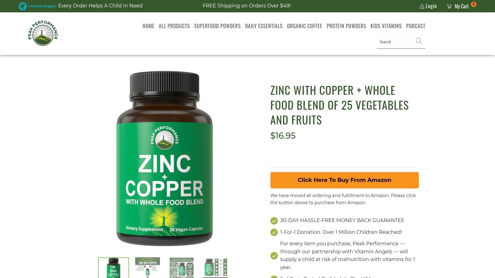 Zinc with Copper + Whole Food Blend of 25 Vegetables and Fruits