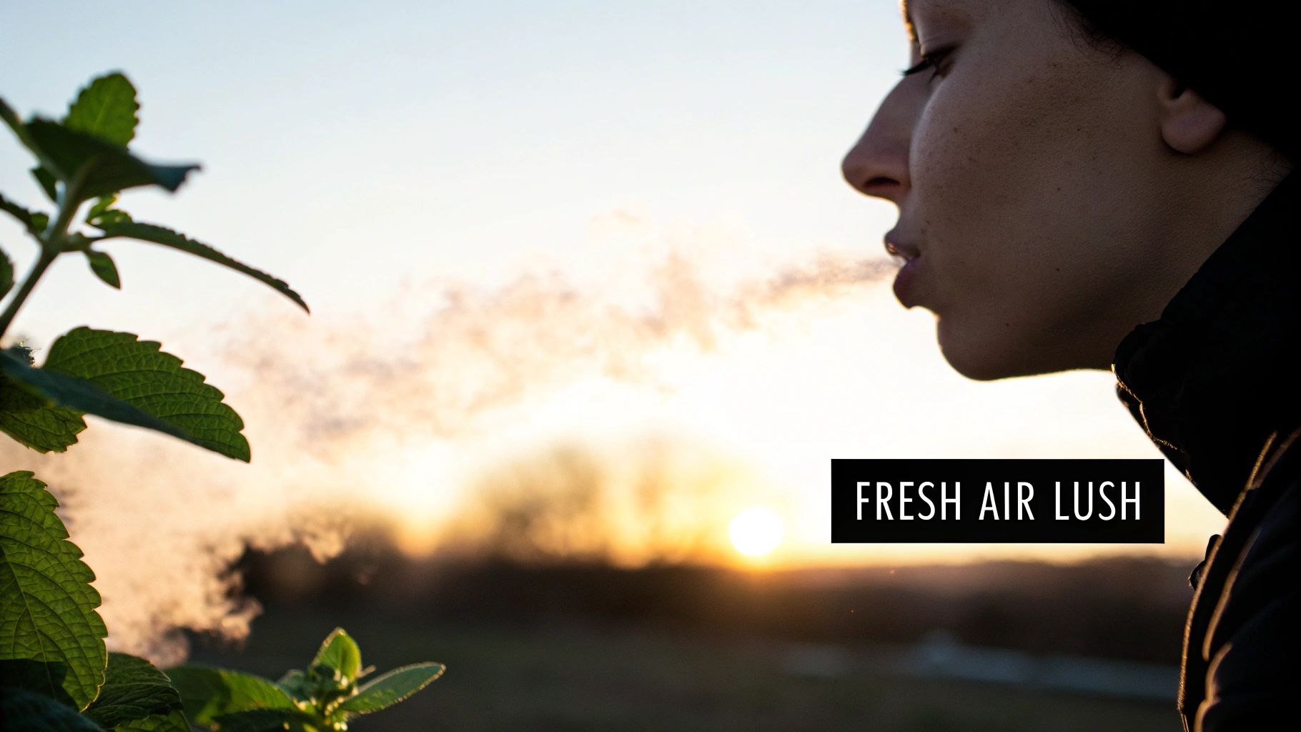 A person exhales visible breath into the cold air at sunset, with lush green plants.
