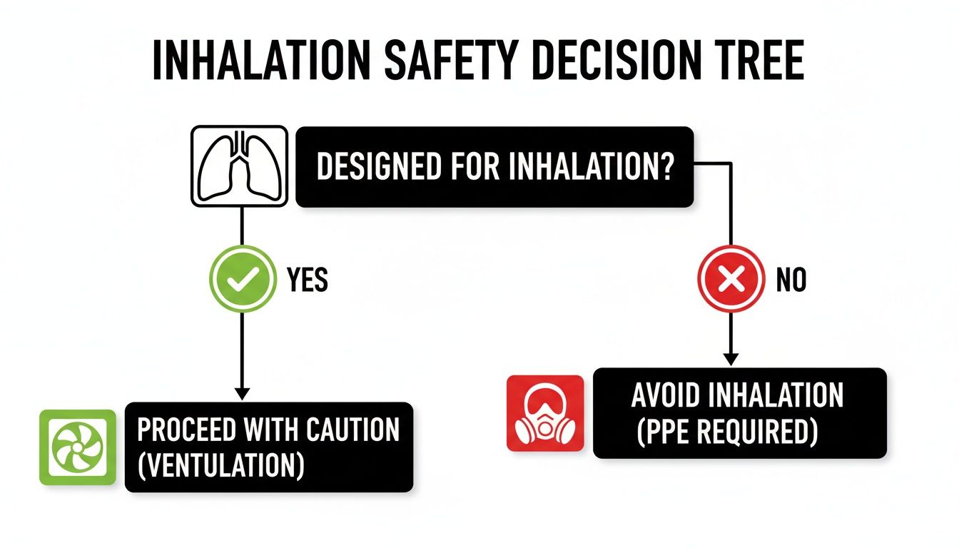 A flowchart for inhalation safety, advising ventilation for designed use or PPE to avoid inhalation.