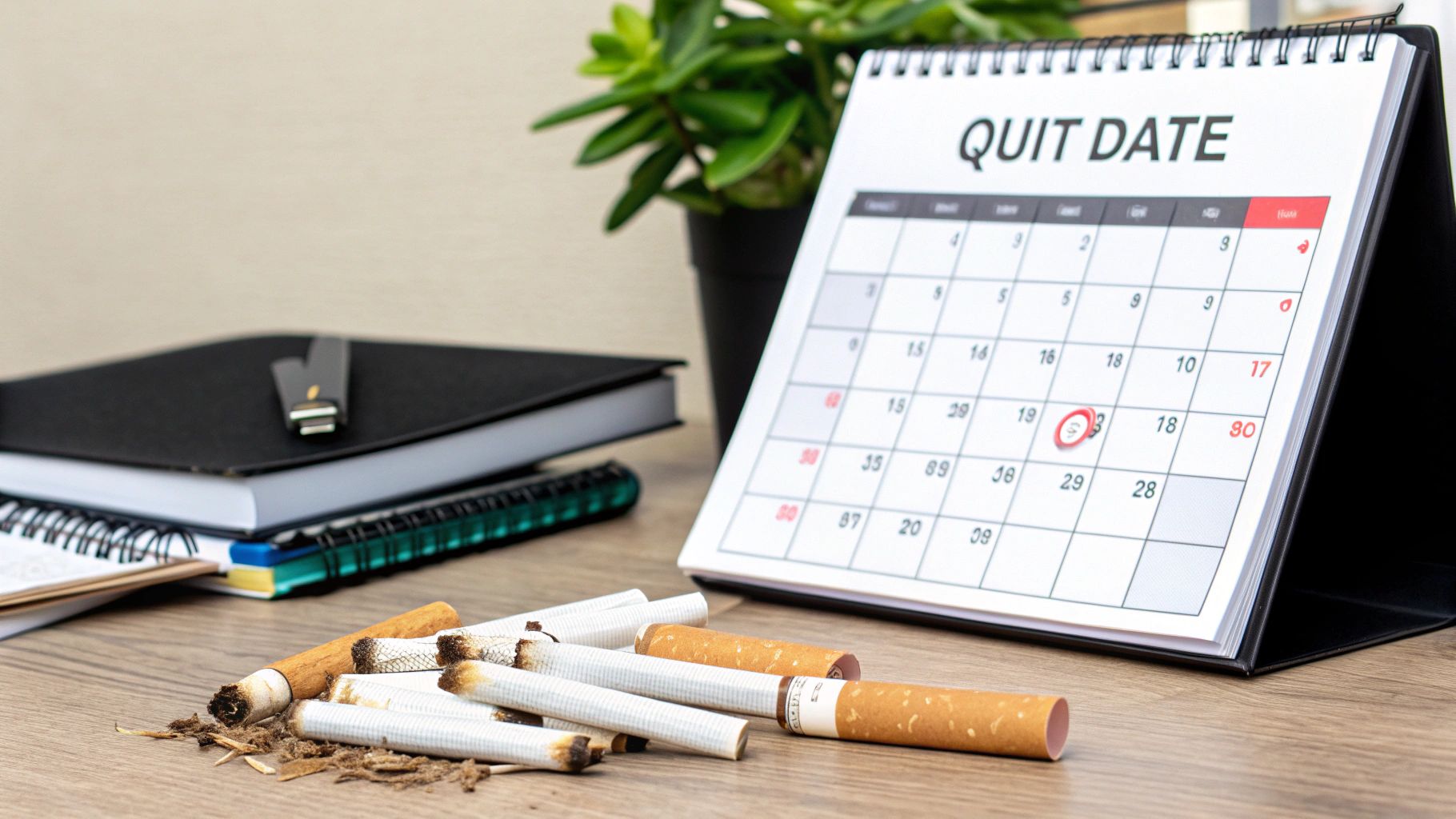 A calendar with a date circled, next to a pile of broken cigarettes, lighters, and an ashtray being thrown into a bin.