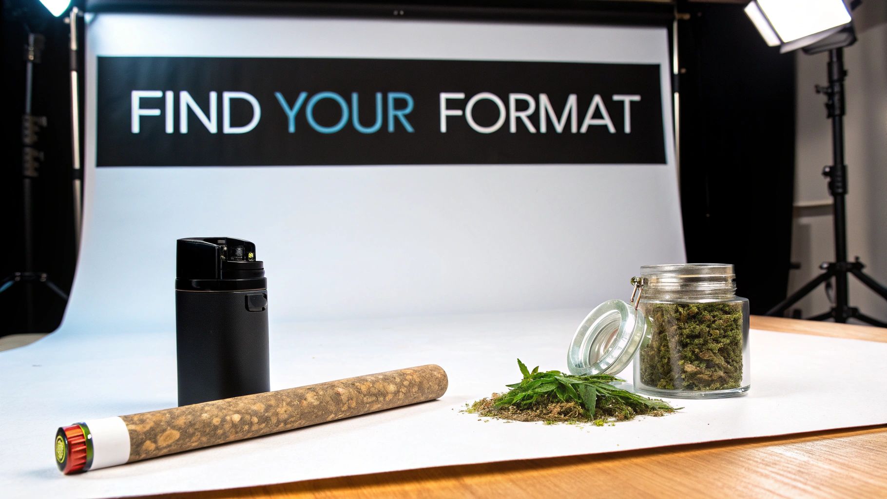 A studio shot displays a blunt, a black vaporizer, and a jar of cannabis flower.