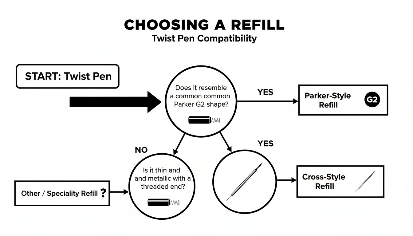 Flowchart guiding users to choose the correct refill for a twist pen, based on shape and features.