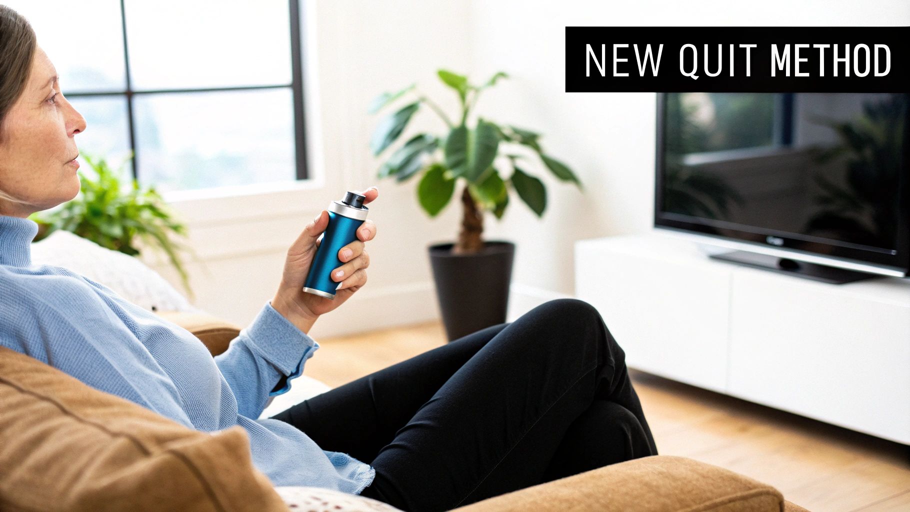 A person holding a quit smoking inhaler, symbolising a new beginning.