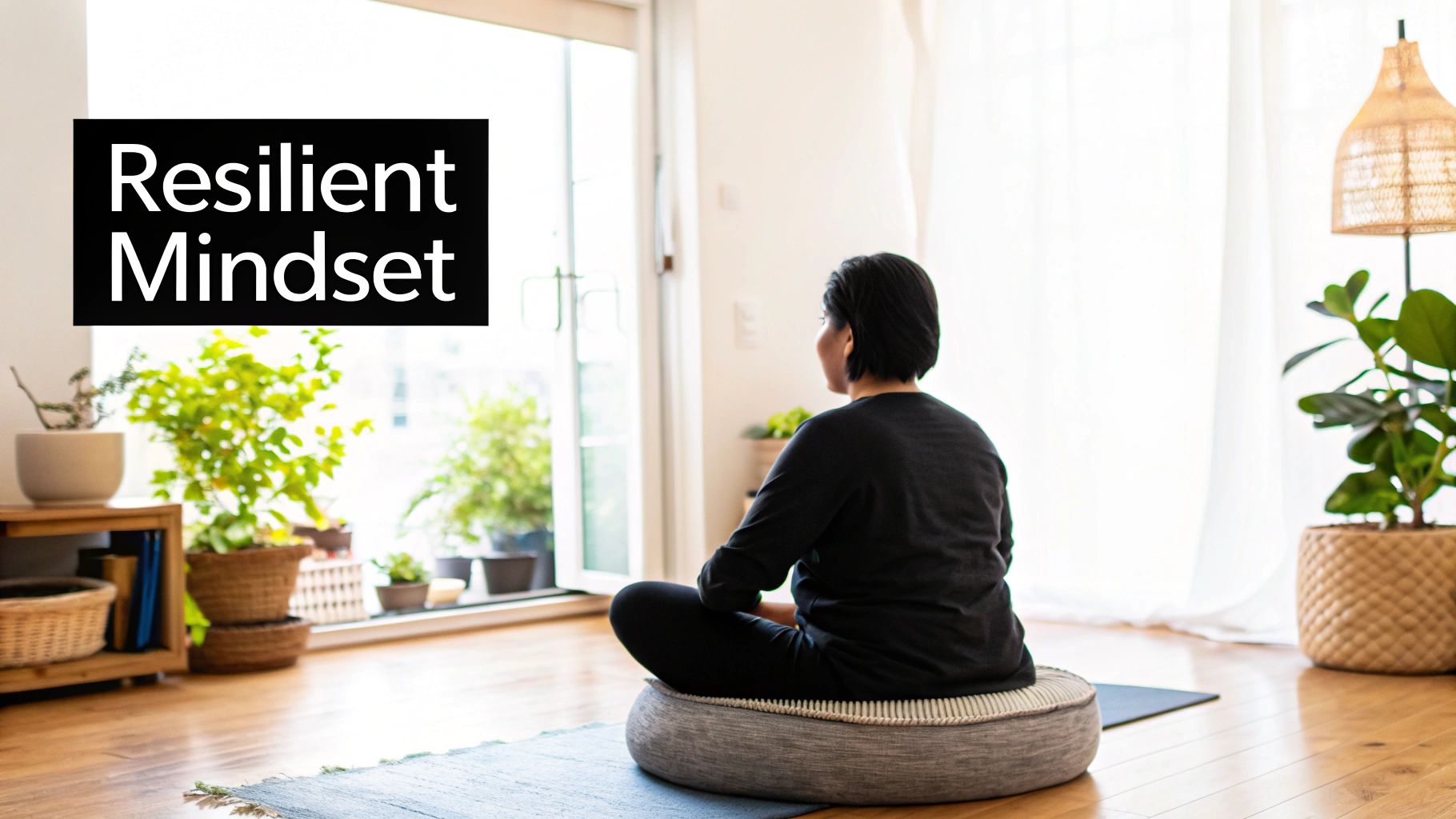 A person sitting peacefully on a rock, meditating while overlooking a misty valley, symbolising mental clarity and resilience.