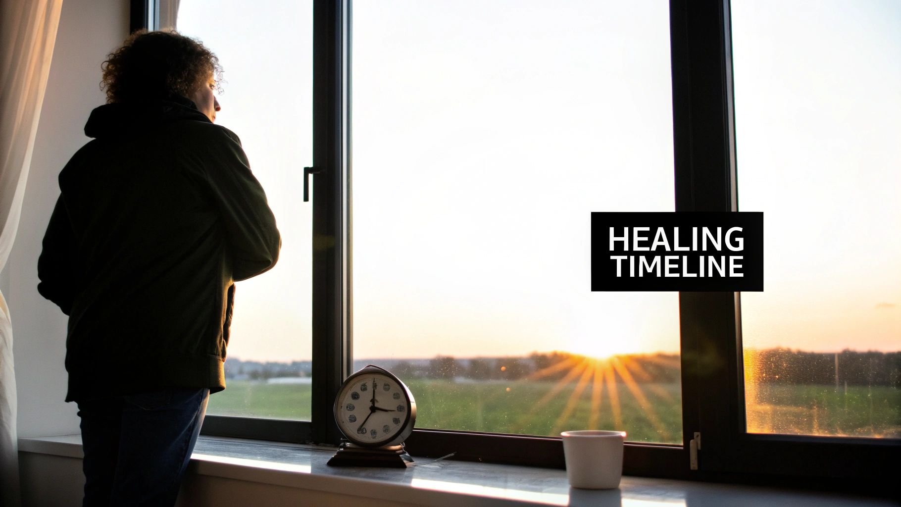 A person with curly hair looks out a window at a vibrant sunset, with a clock on the sill.