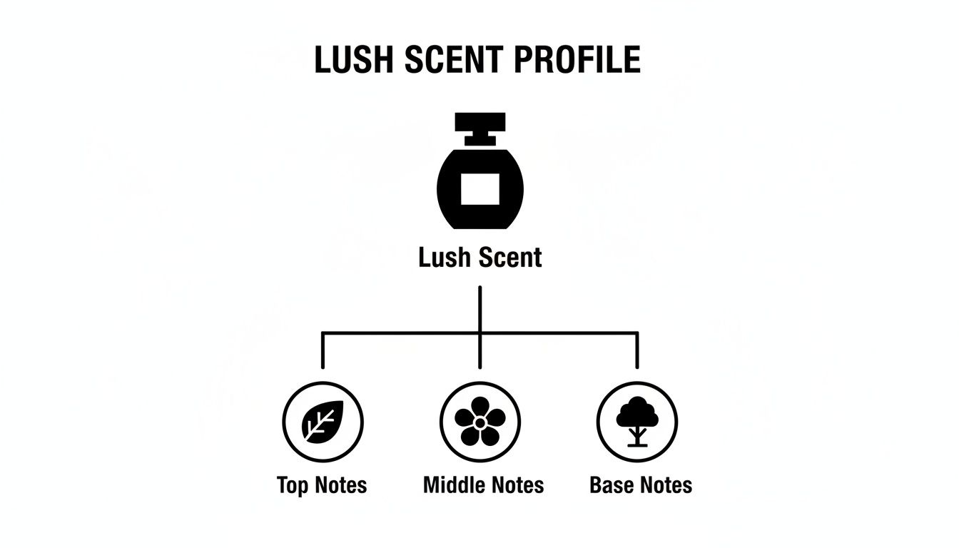 Diagram illustrating a Lush Scent Profile with top, middle, and base notes represented by icons.