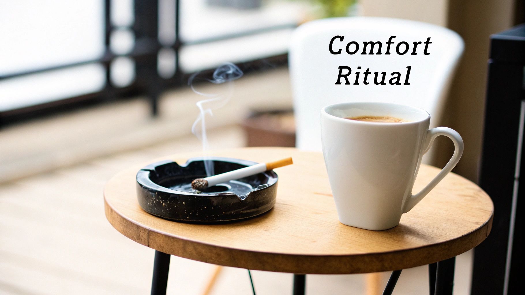 A lit cigarette in an ashtray and a hot coffee cup on a table, representing a comfort ritual.
