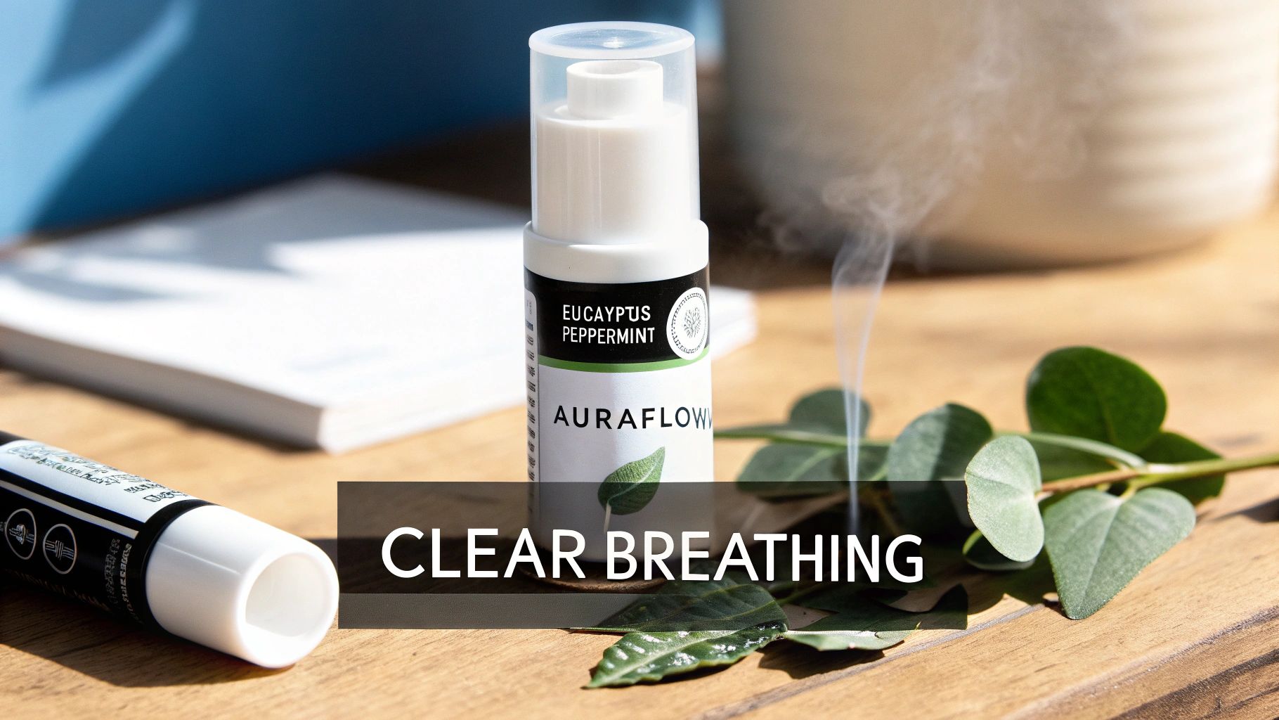 Close-up of an AuraFlow eucalyptus peppermint essential oil spray with green leaves and rising smoke, promoting clear breathing.