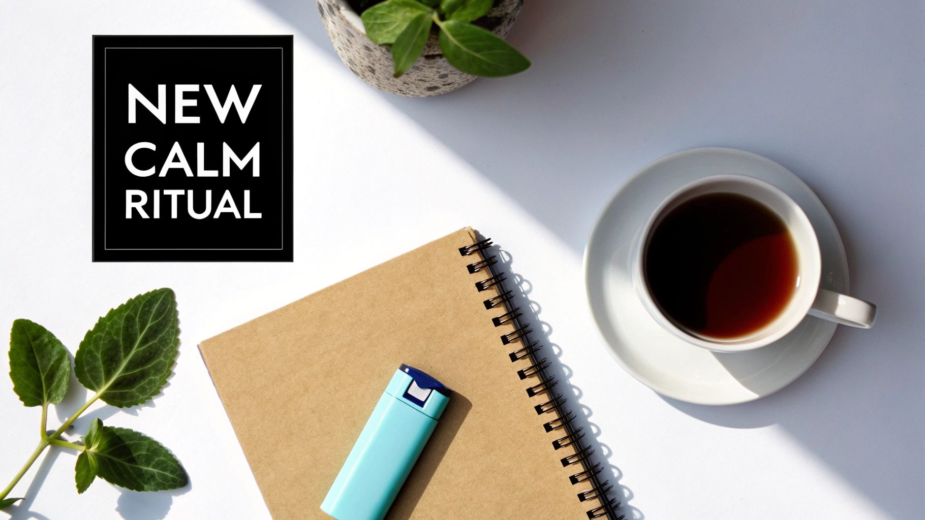 A flat lay of a white desk with a cup of tea, notebook, plant, and a light blue lighter, featuring a 'NEW CALM RITUAL' sign.