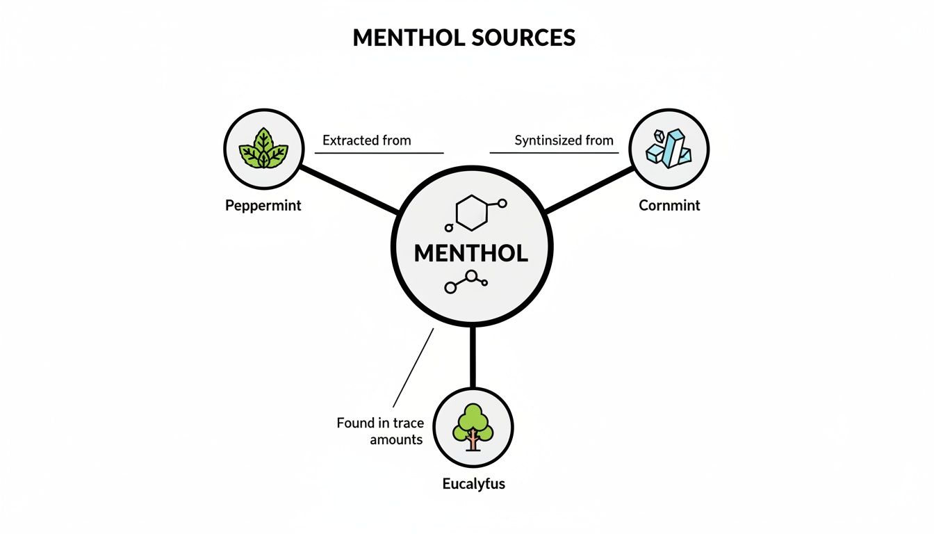 Diagram illustrating menthol sources: extracted from peppermint, synthesized from cornmint, and found in eucalyptus.