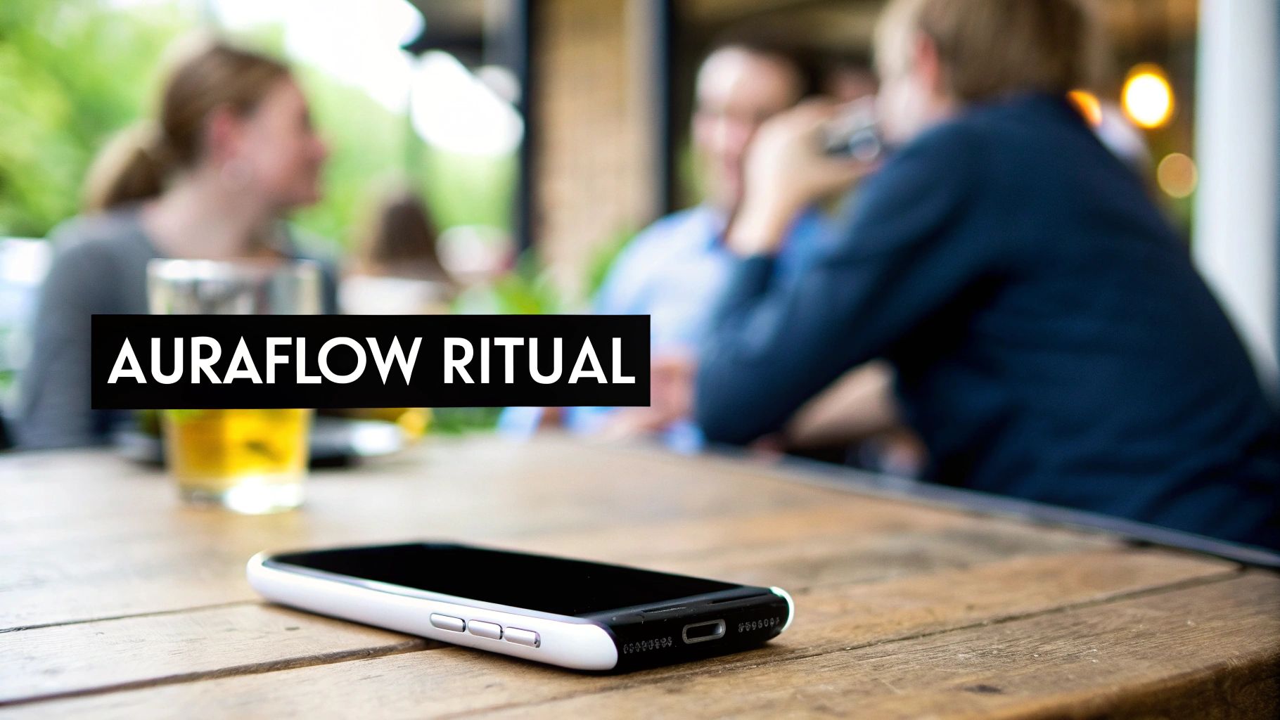 A white smartphone rests on a rustic wooden table with blurred people socializing and drinks in the background.