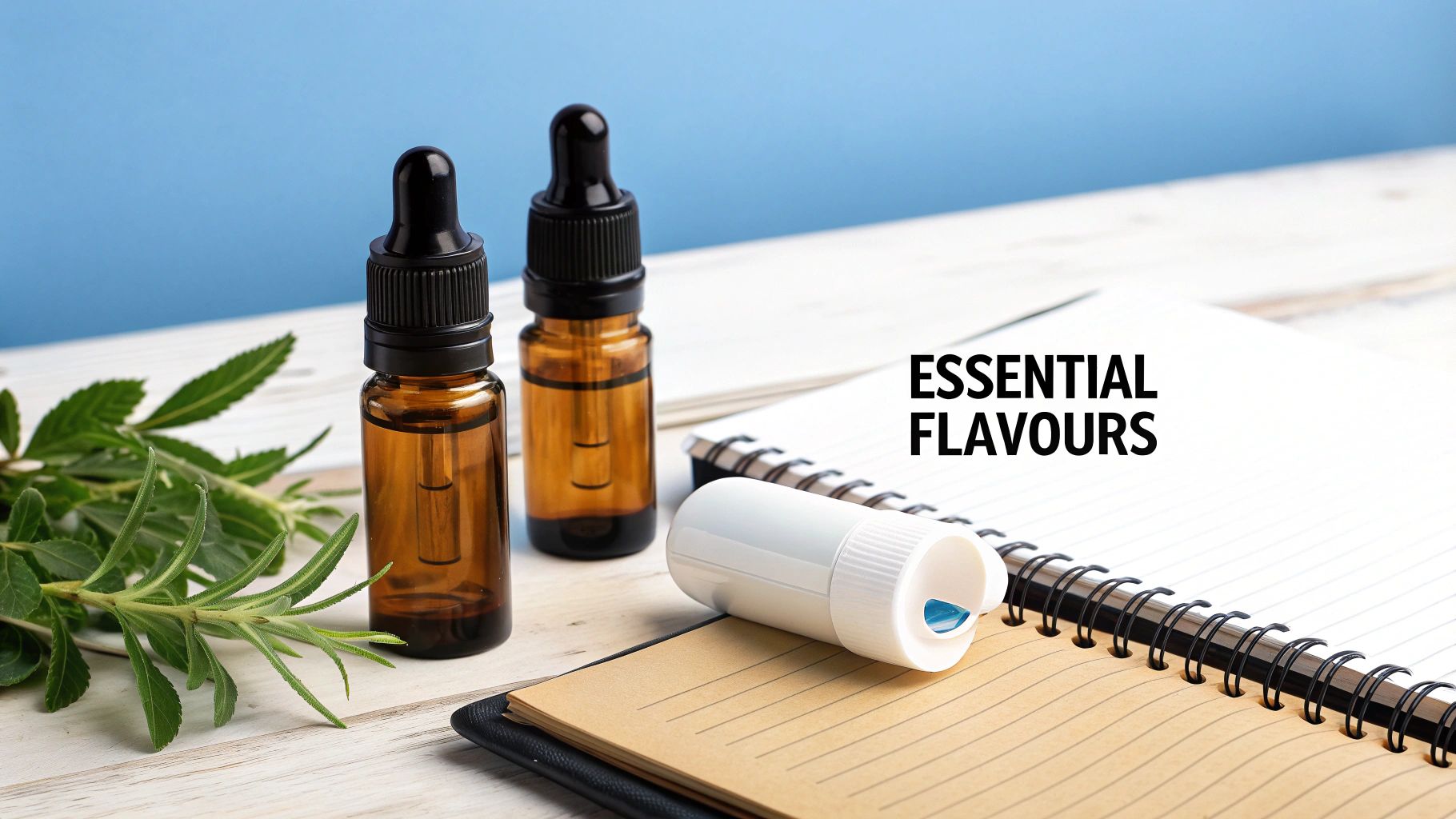 Two amber essential oil dropper bottles, green herbs, an inhaler, and a notebook with 'ESSENTIAL FLAVOURS' written.