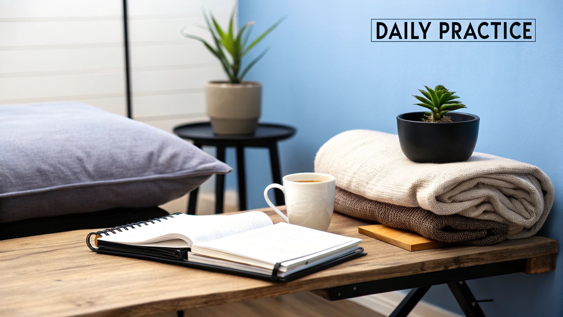 Cozy mindfulness setup with an open journal, coffee, blankets, and plants on a wooden table.