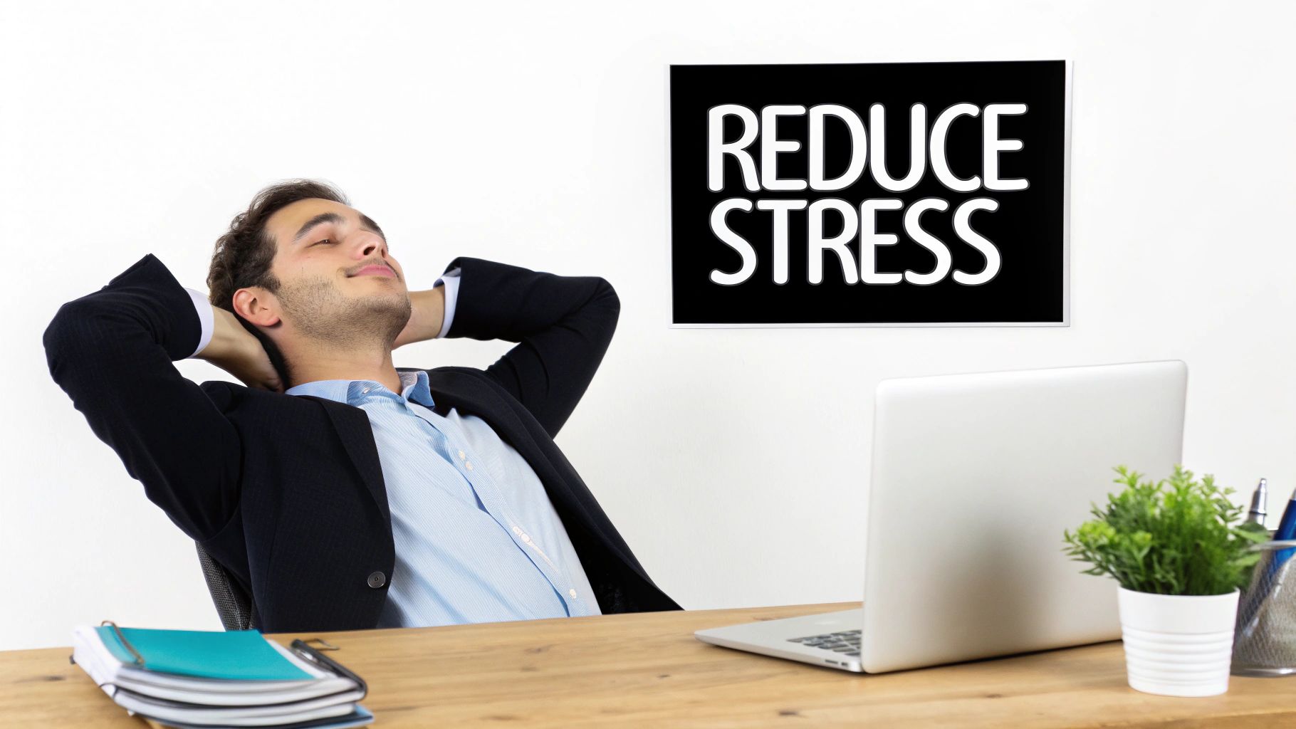 A relaxed man leans back at his desk, eyes closed, with a 'REDUCE STRESS' sign.