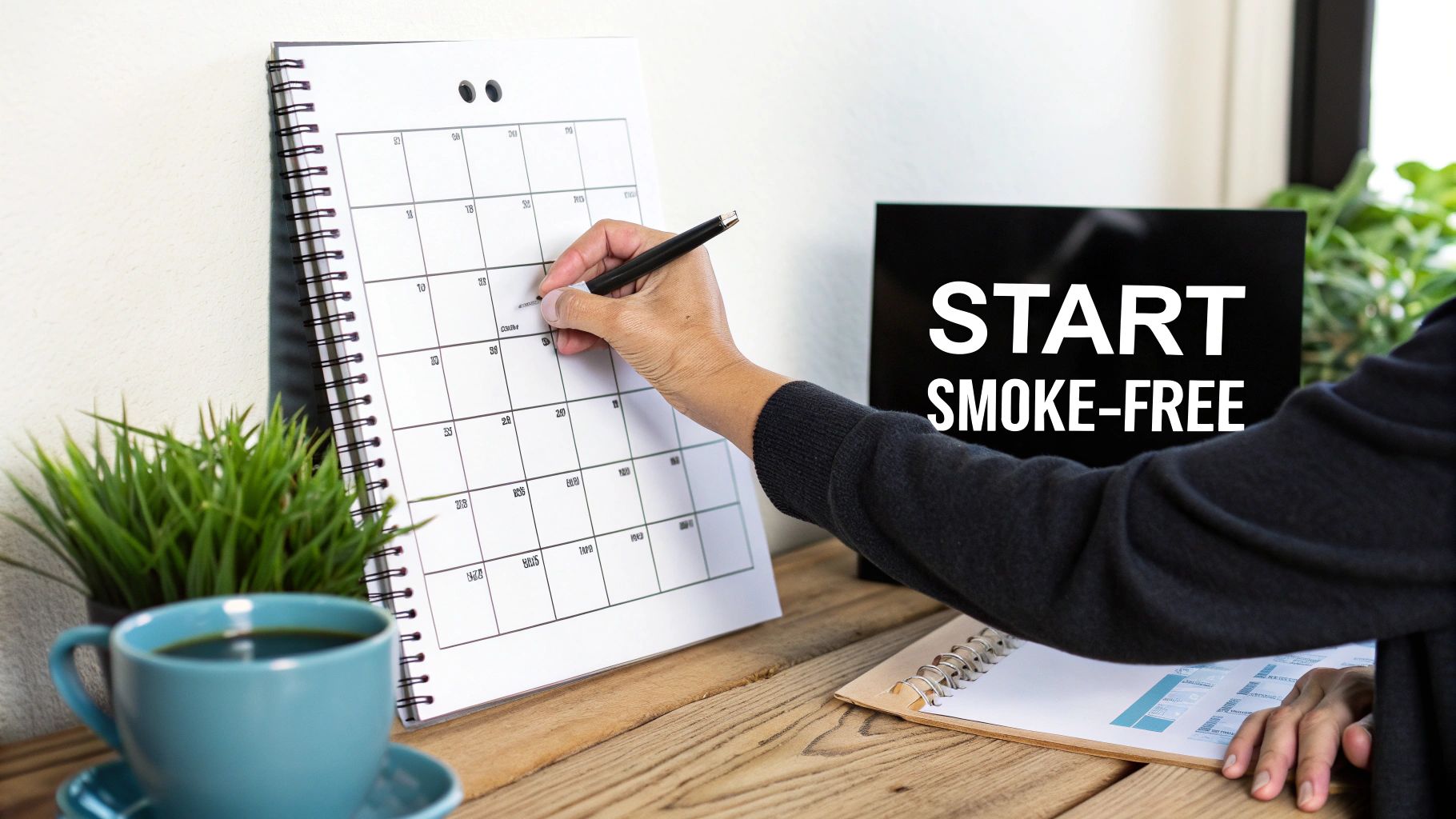 A person holding a quit smoking aid, looking determined and hopeful.
