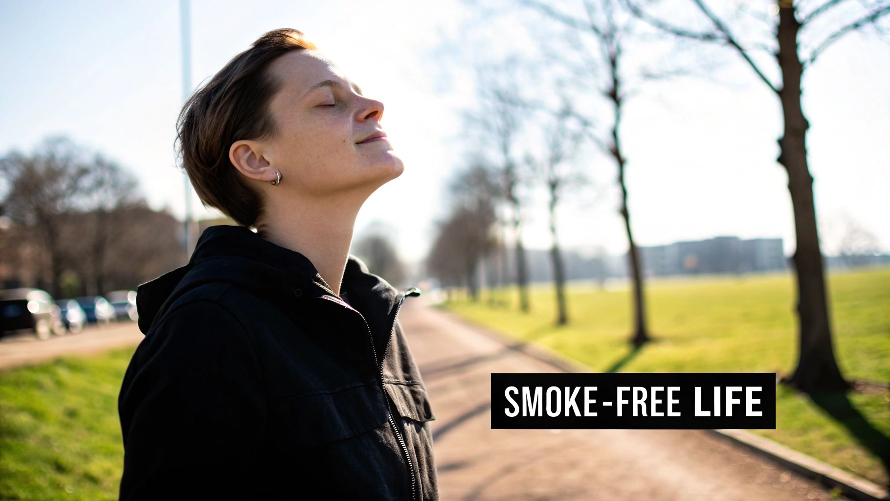 A person with short hair, eyes closed, enjoying a sunny day outdoors in a park.