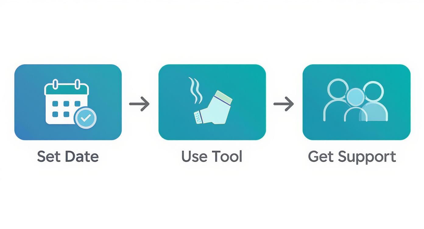 A three-step process infographic: set date (calendar), use tool (inhaler), get support (people).