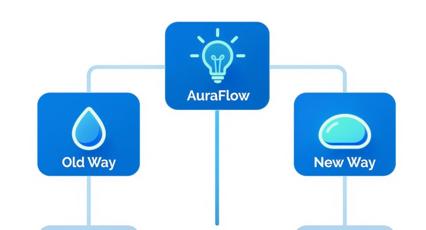 A blue flowchart illustrates 'AuraFlow' as a solution transitioning from an 'Old Way' (water droplet) to a 'New Way' (smooth shape).