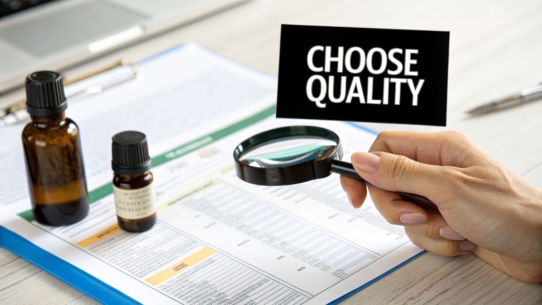 A hand holds a magnifying glass over essential oil bottles and a document, with 'CHOOSE QUALITY' text.