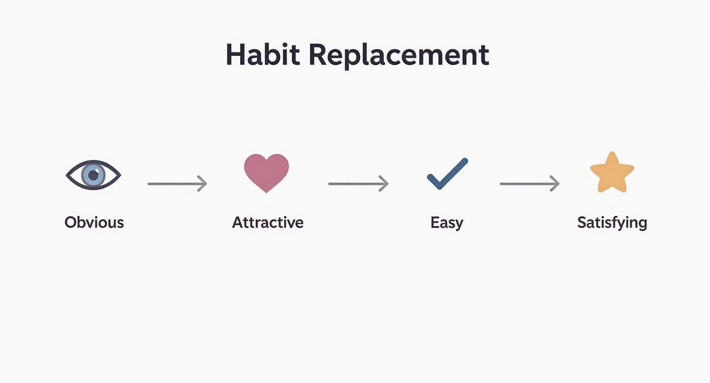 A diagram titled 'Habit Replacement' showing four steps: Obvious (eye), Attractive (heart), Easy (checkmark), Satisfying (star).