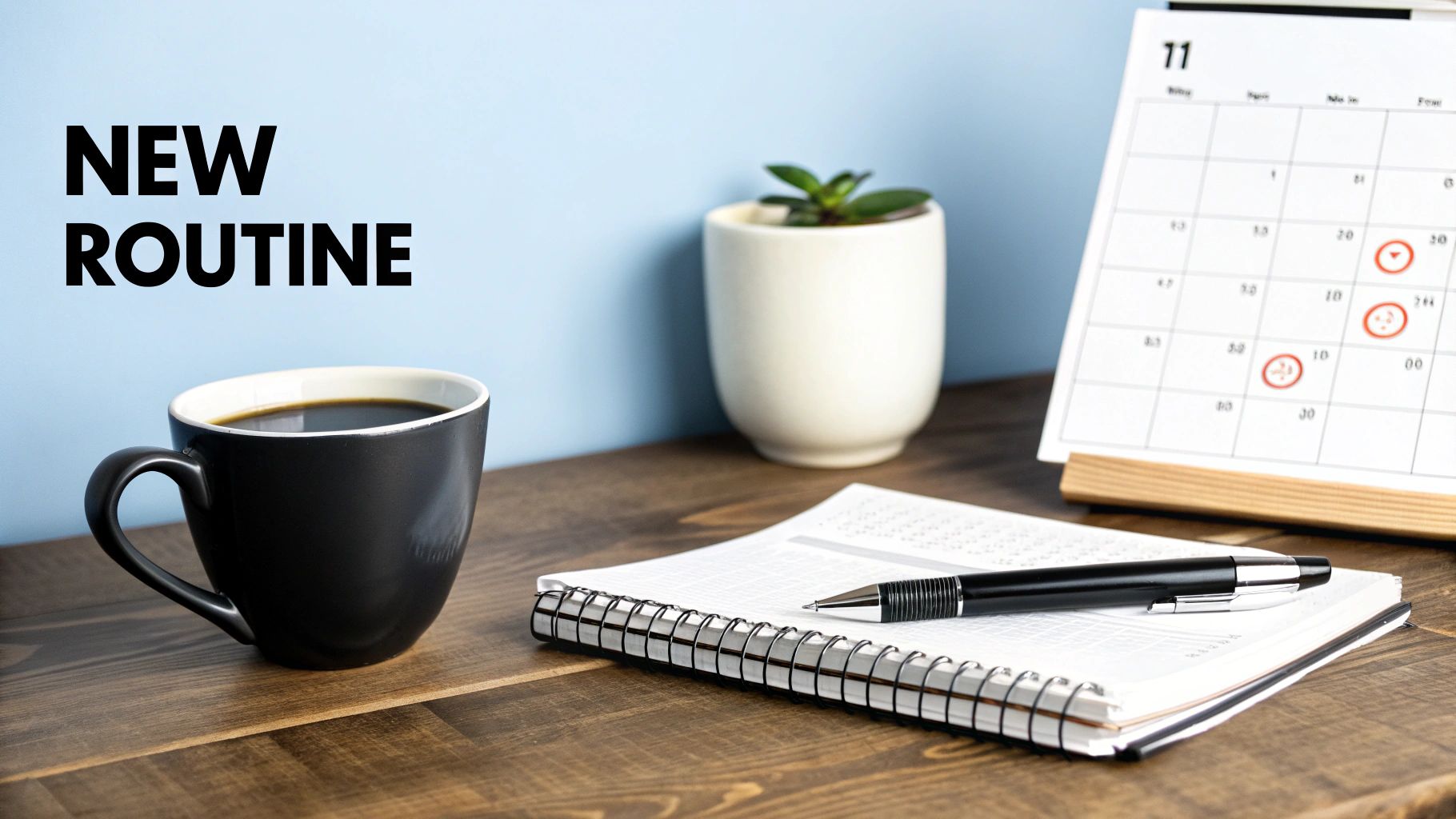 Desk setup with coffee mug, spiral notebook, pen, succulent plant, and calendar showing new routine