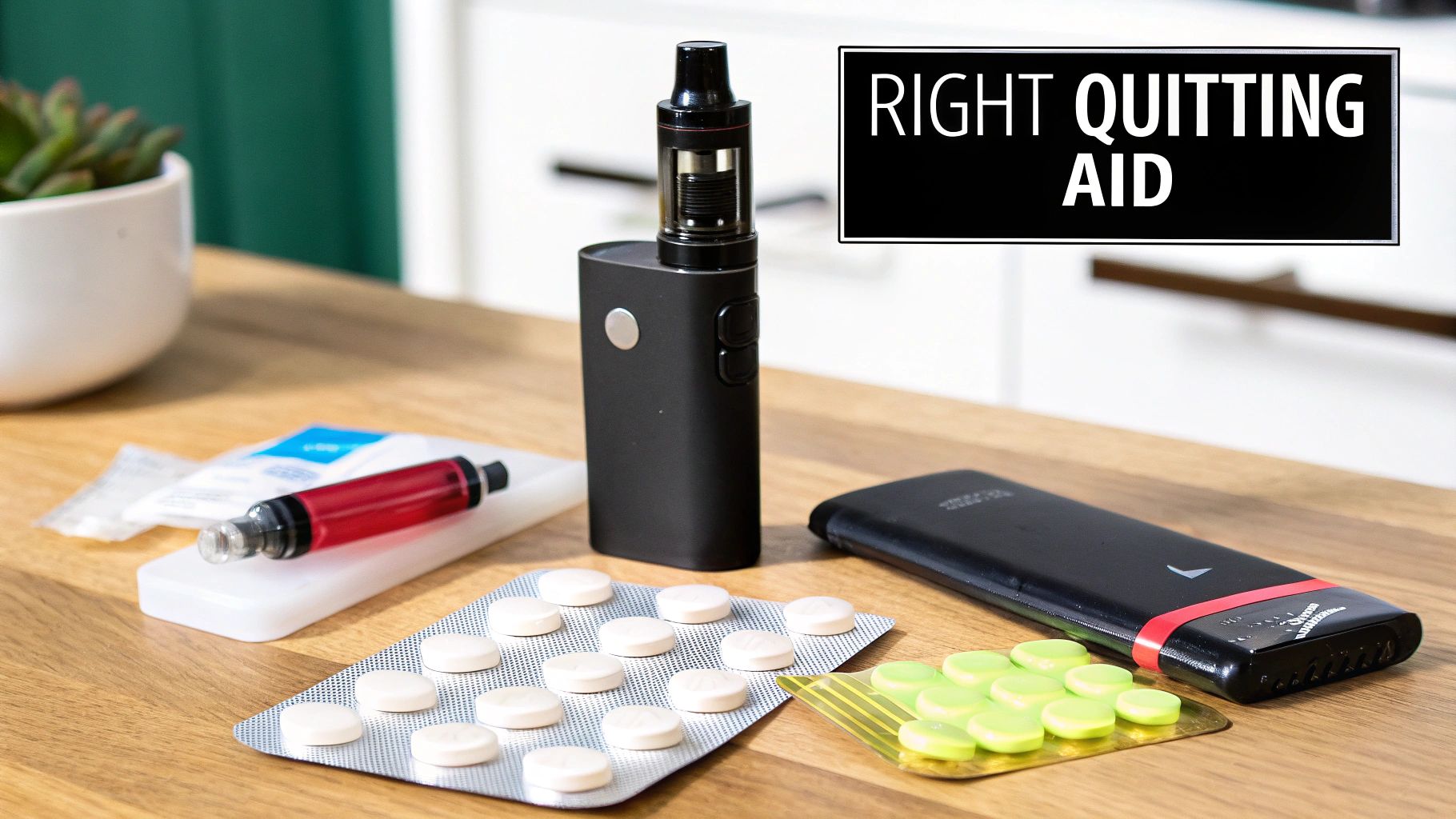 A collection of different smoking cessation aids like patches, gum, and vapes neatly arranged.