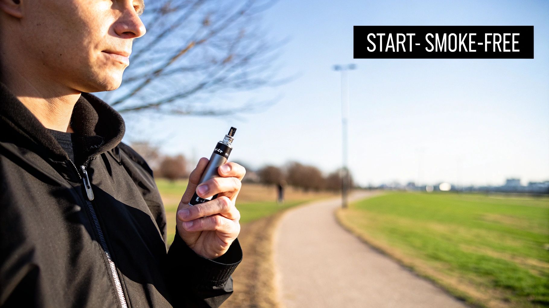 A man in a black jacket holds a vape pen outdoors with a path and green field, promoting 'START- SMOKE-FREE'.