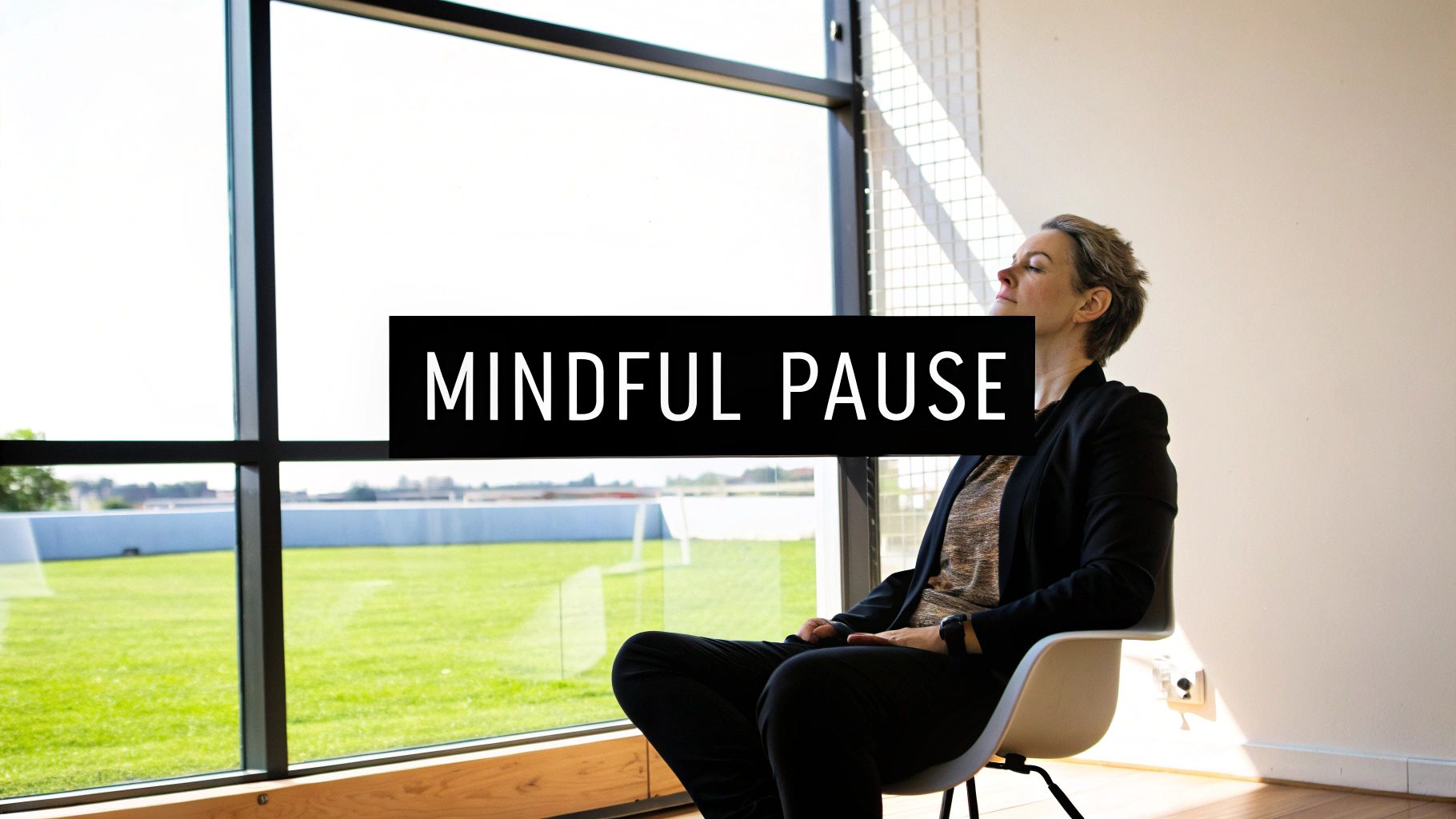 Professional woman practicing mindful meditation and breathing exercises while seated by office window