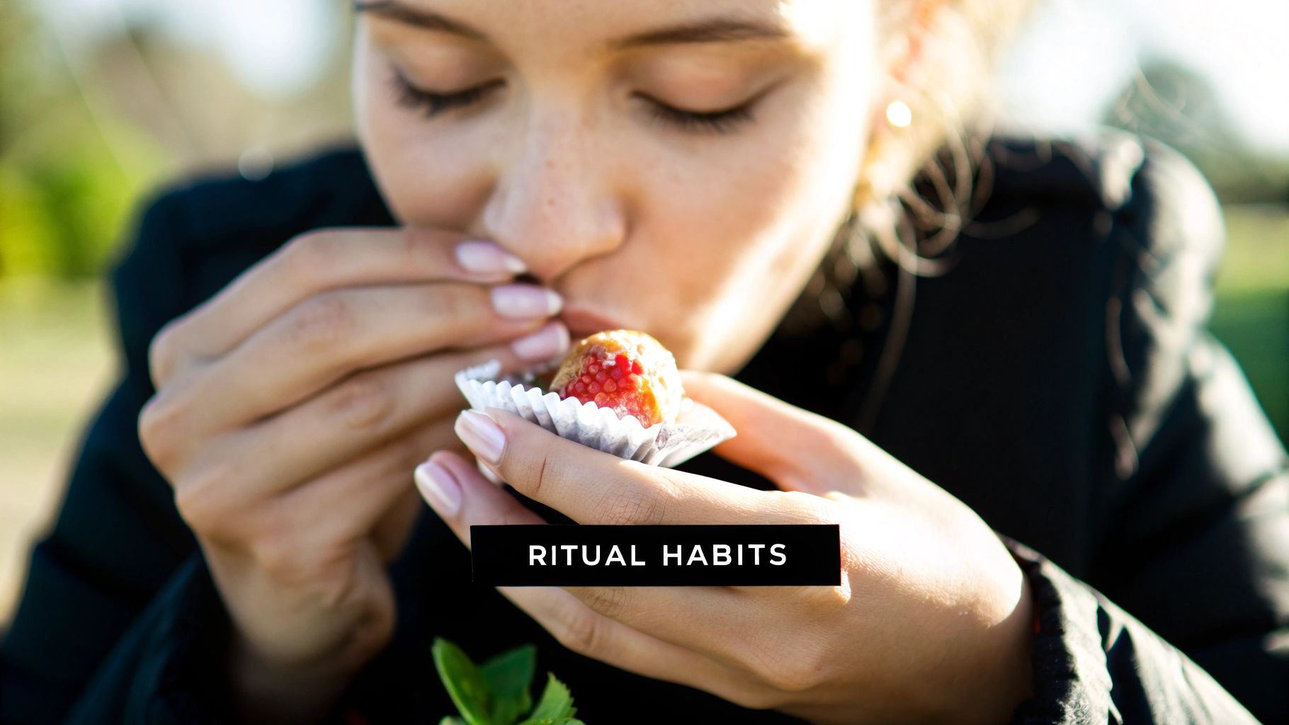 Close-up of a woman with closed eyes, delicately smelling a small dessert in a paper cup.