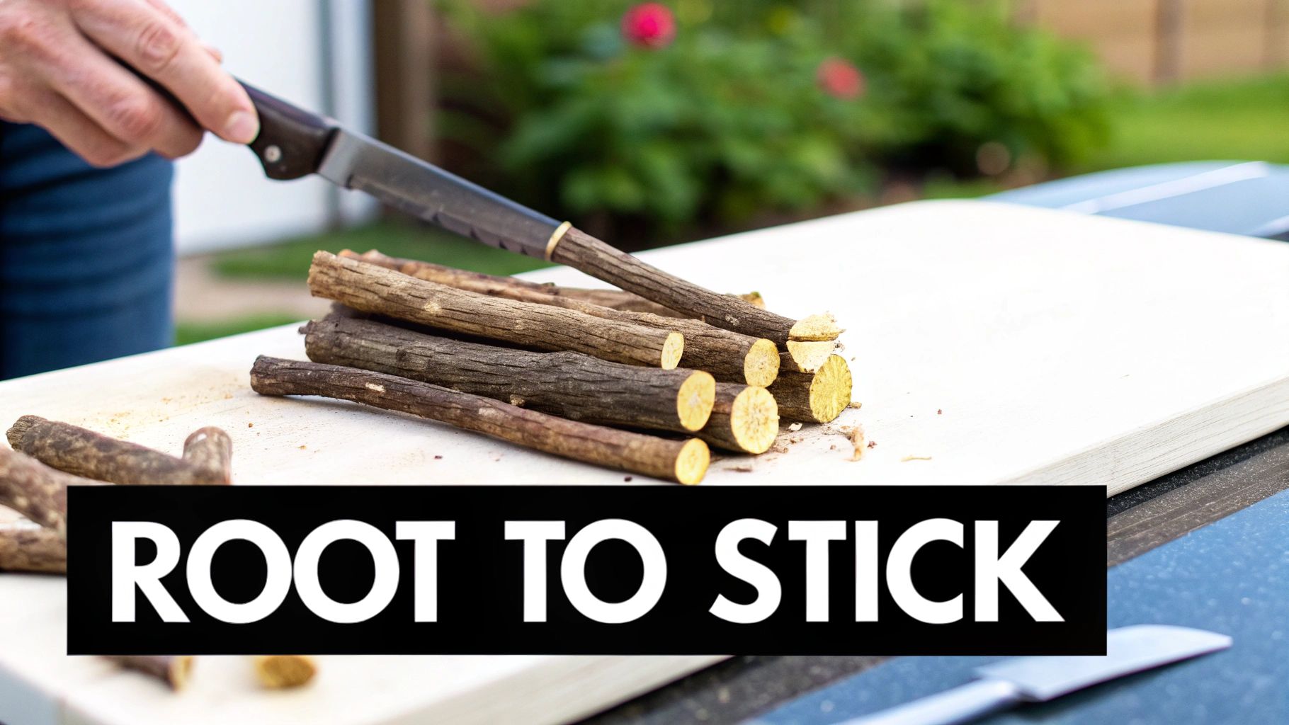 A person uses a knife to cut brown licorice root sticks on a white cutting board, revealing yellow interiors.