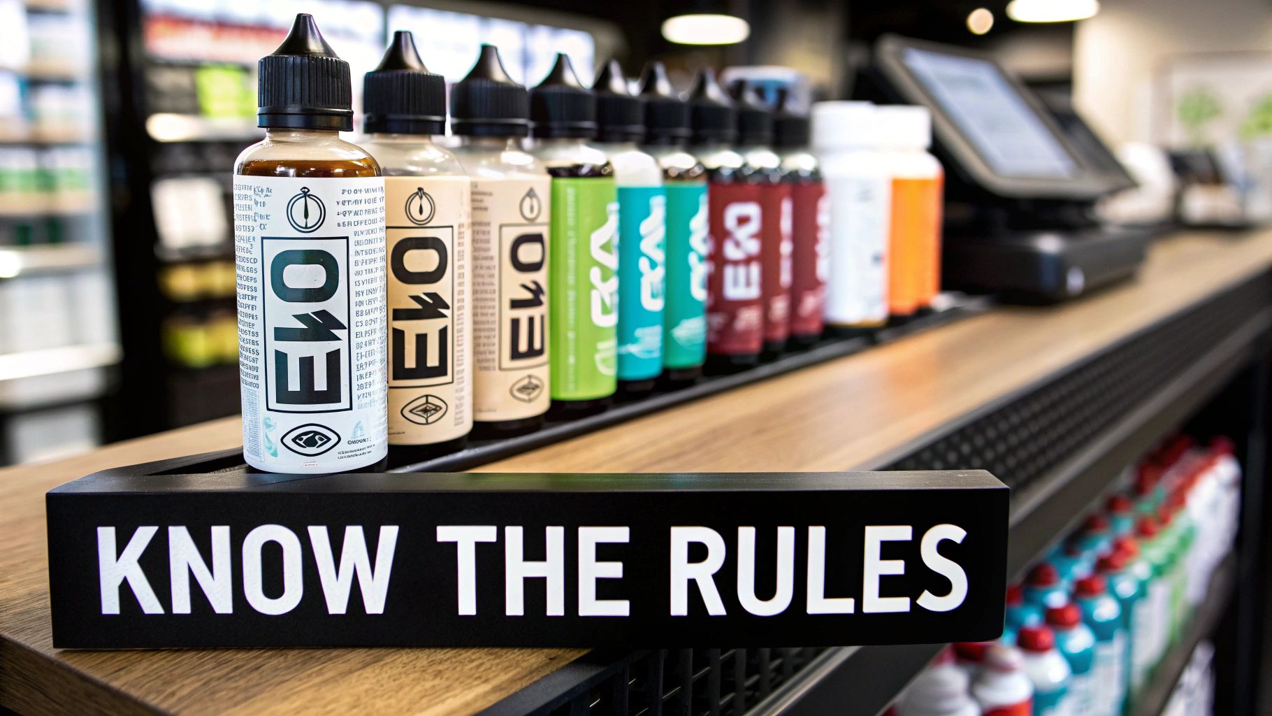 Close-up of various colored vape juice bottles on a counter with a 'Know The Rules' sign.