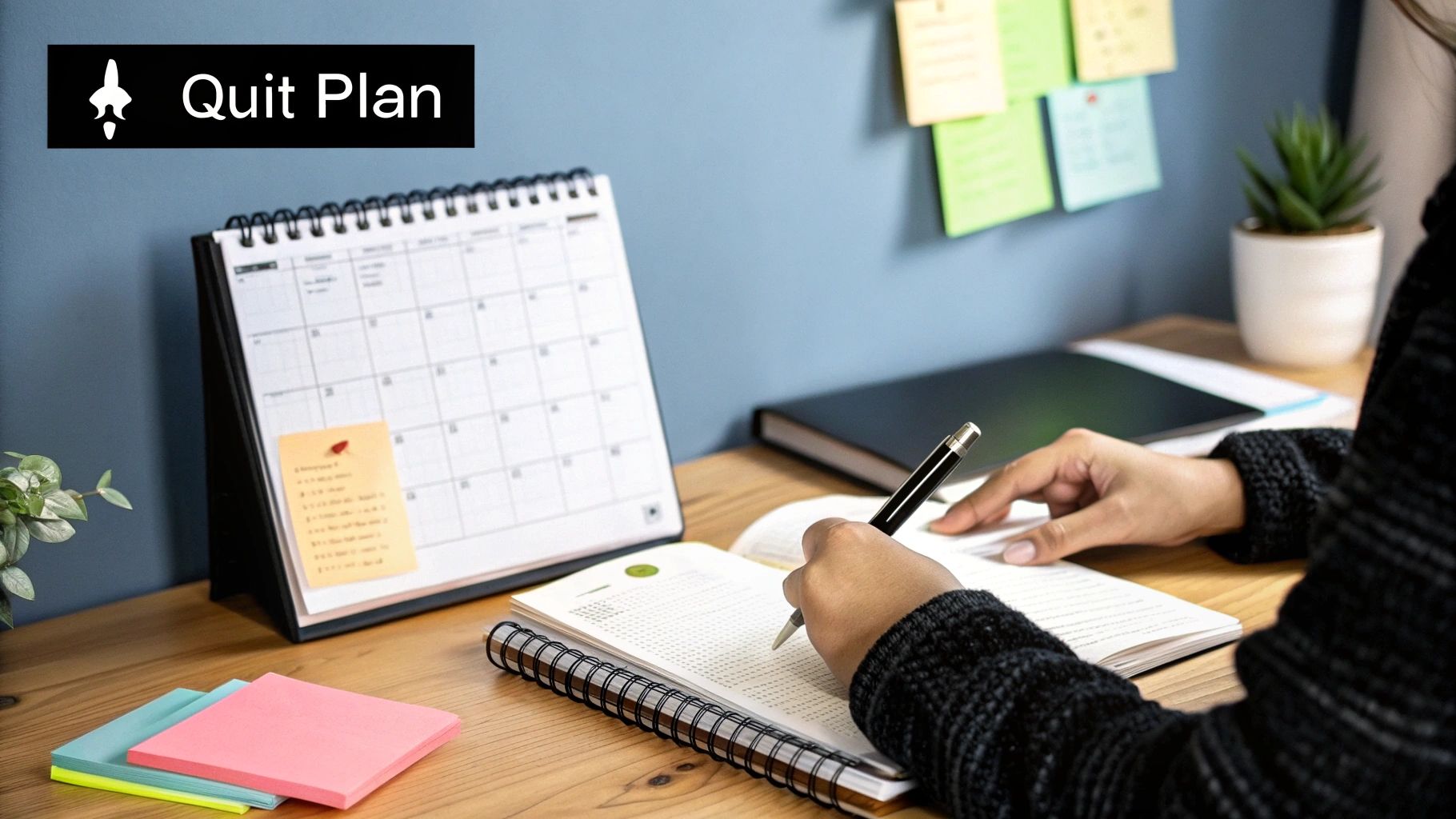 A person writing in a notebook, creating a personalized plan to quit smoking.