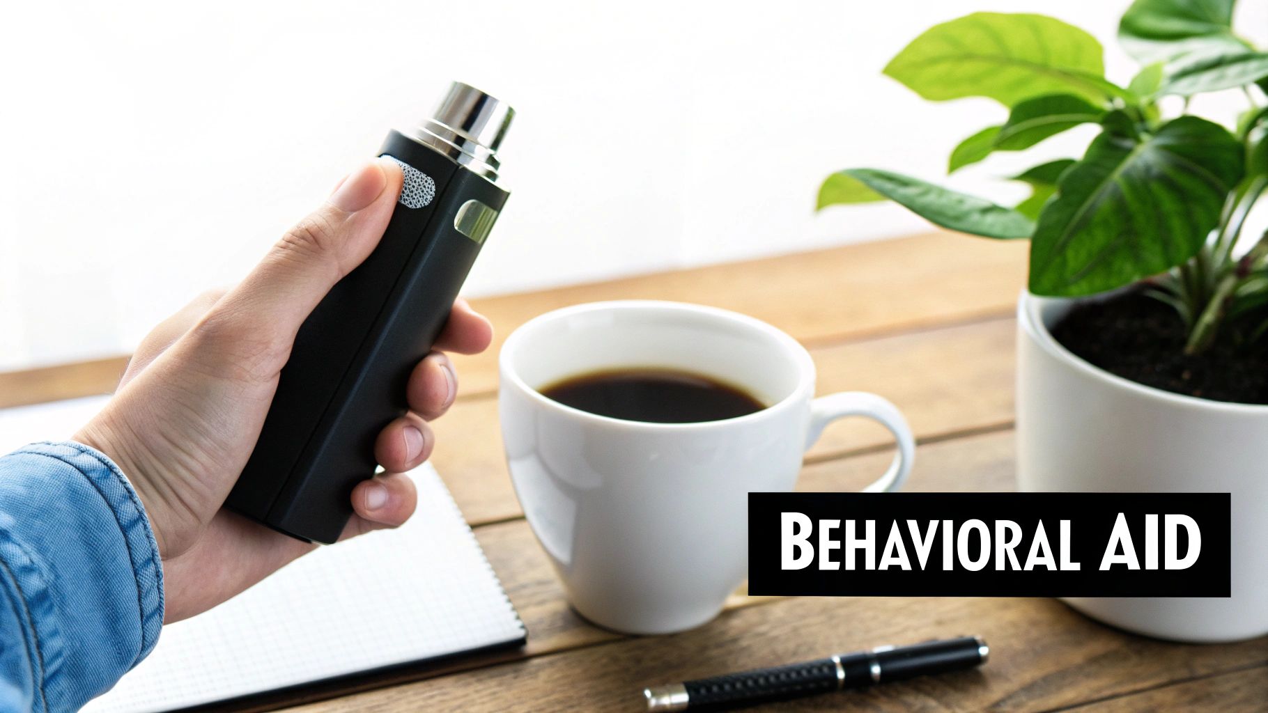A hand holds a vape device next to coffee, a notebook, and a plant with 'BEHAVIORAL AID' text.