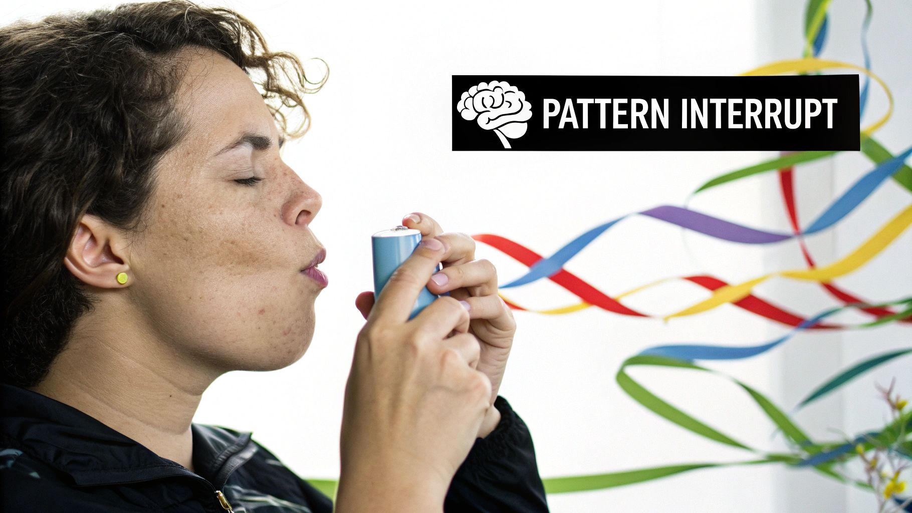 A woman with closed eyes inhales from a blue essential oil inhaler, with colorful ribbons in background.