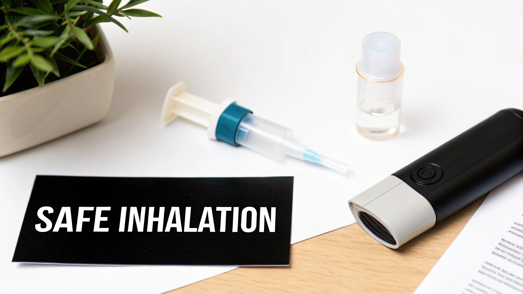 A black card with 'SAFE INHALATION' next to a syringe, vial, and essential oil diffuser.