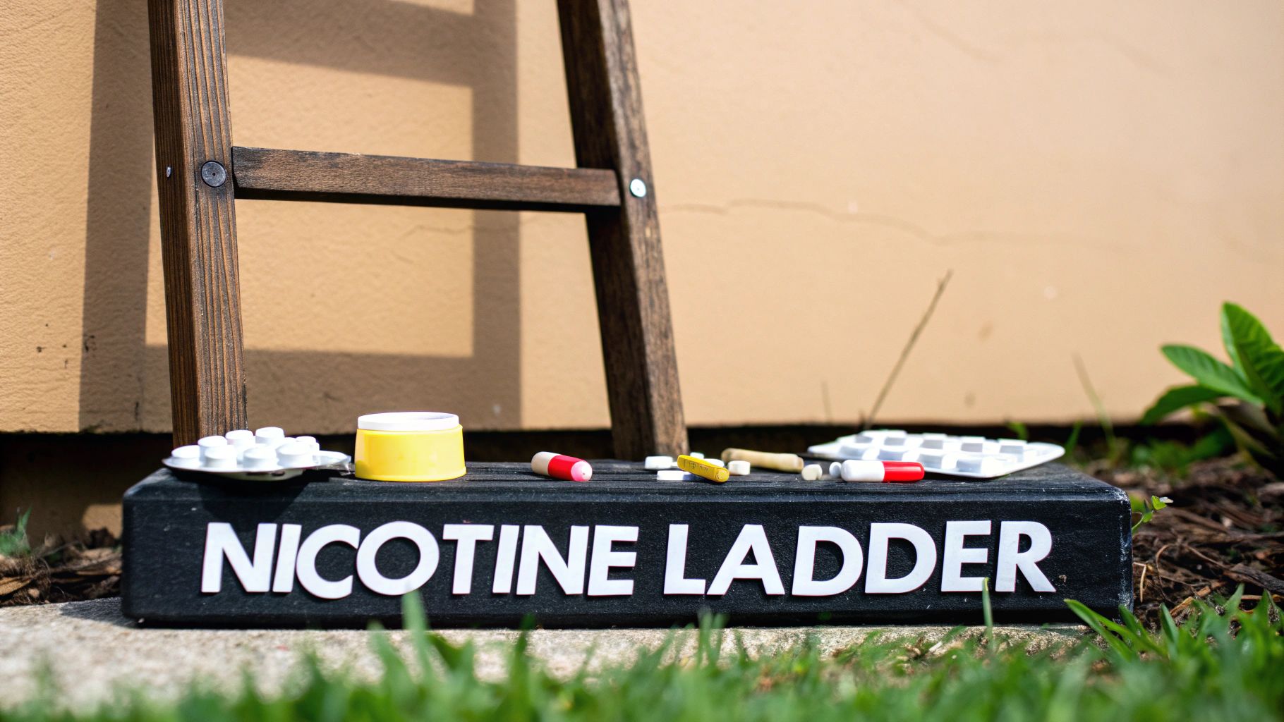 A "NICOTINE LADDER" sign with various nicotine replacement products, including pills, gum, and capsules, next to a wooden ladder.
