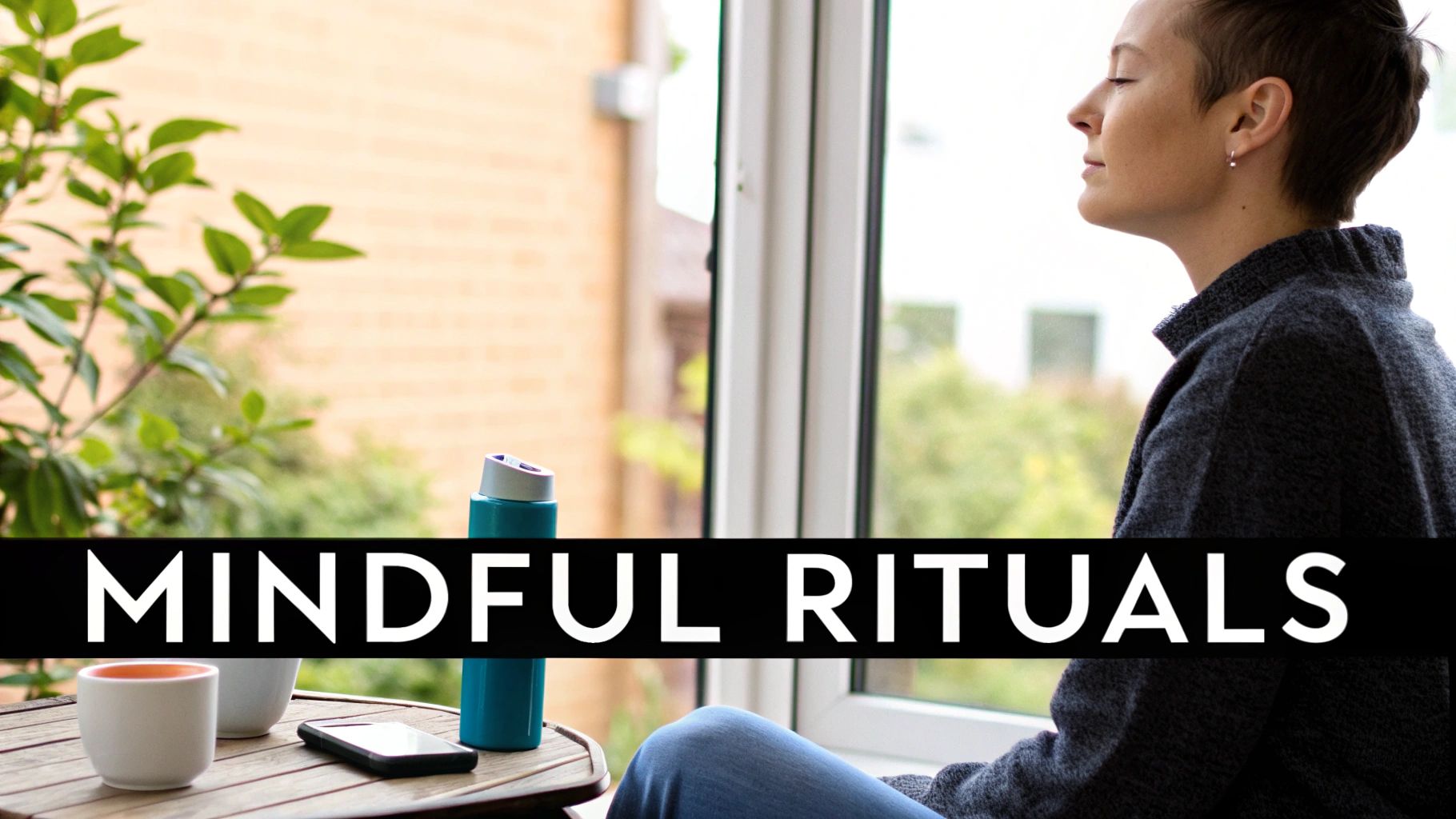 A person with closed eyes meditates by a window, with a water bottle and phone on a nearby table.