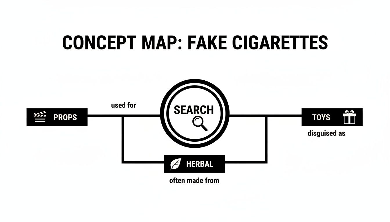 Concept map illustrating fake cigarettes used as props, toys, and often made from herbal materials.
