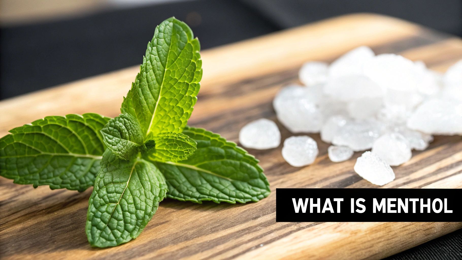 Fresh green mint leaves beside white menthol crystals on wood, with "WHAT IS MENTHOL" text.