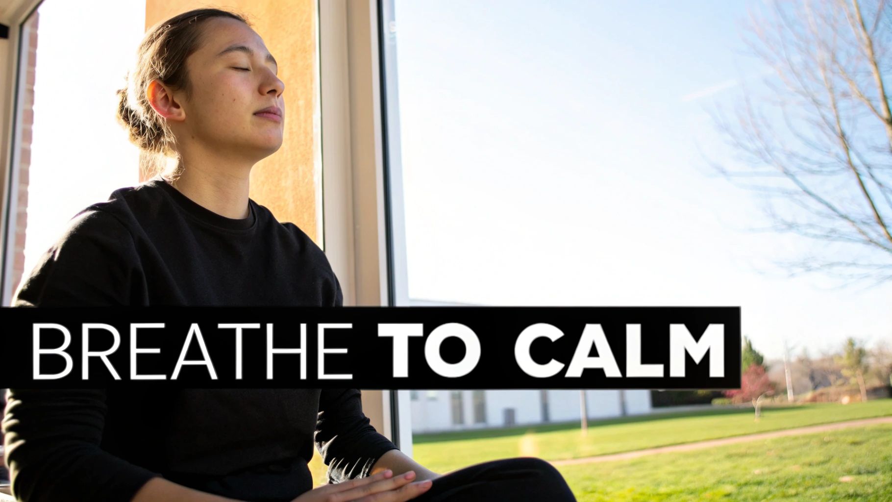 A person sitting calmly by a window, practising deep breathing