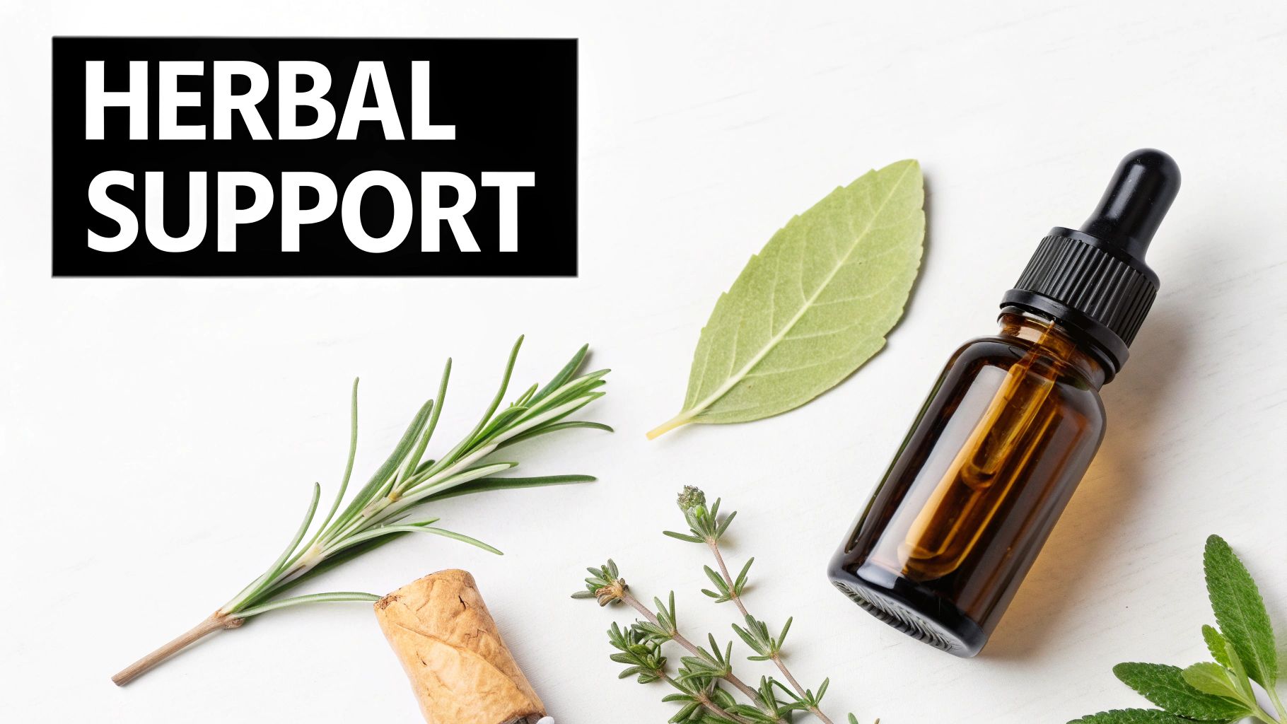 A collection of dried herbs and botanicals laid out on a wooden surface.