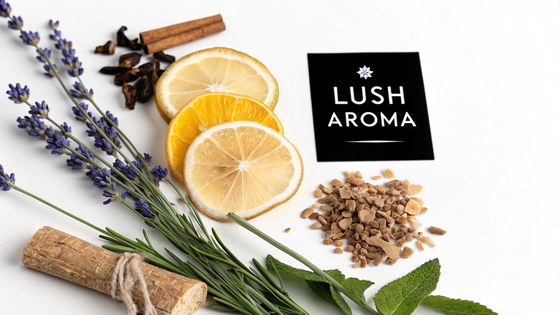 Aromatic ingredients like lavender, citrus slices, spices, and a wooden stick, next to a Lush Aroma card.