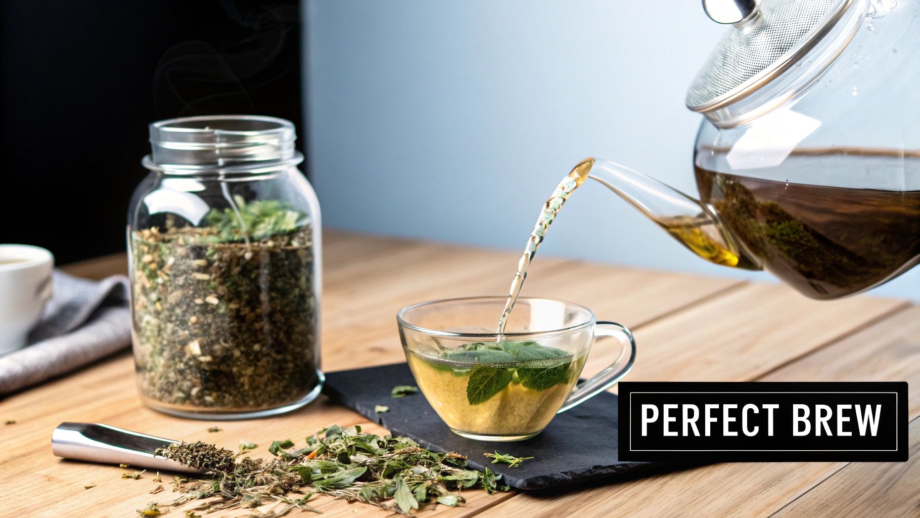 Steaming hot tea being poured from a glass teapot into a cup with mint, next to a jar of dried herbs.