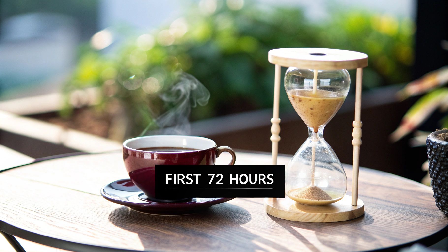 A steaming cup of coffee next to an hourglass on a wooden table, with text 'FIRST 72 HOURS'.