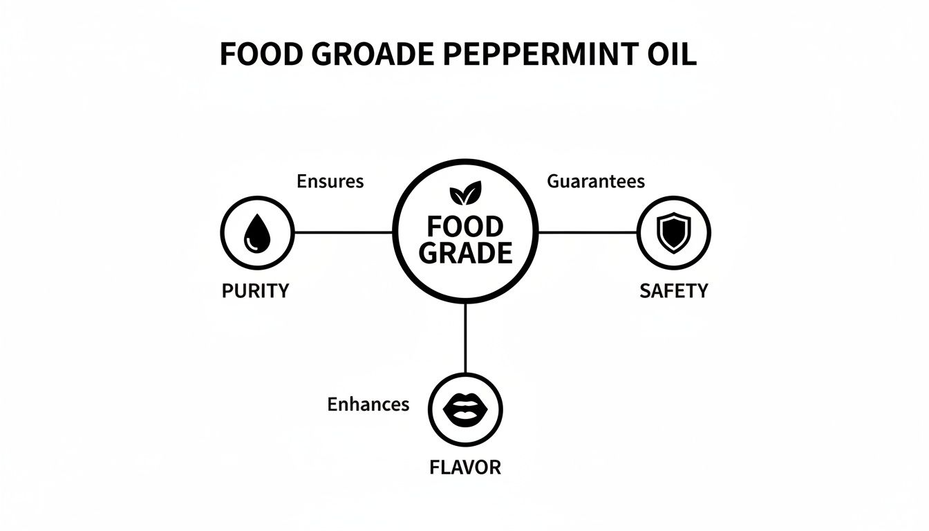 Diagram illustrating Food Grade Peppermint Oil ensures purity, guarantees safety, and enhances flavor.
