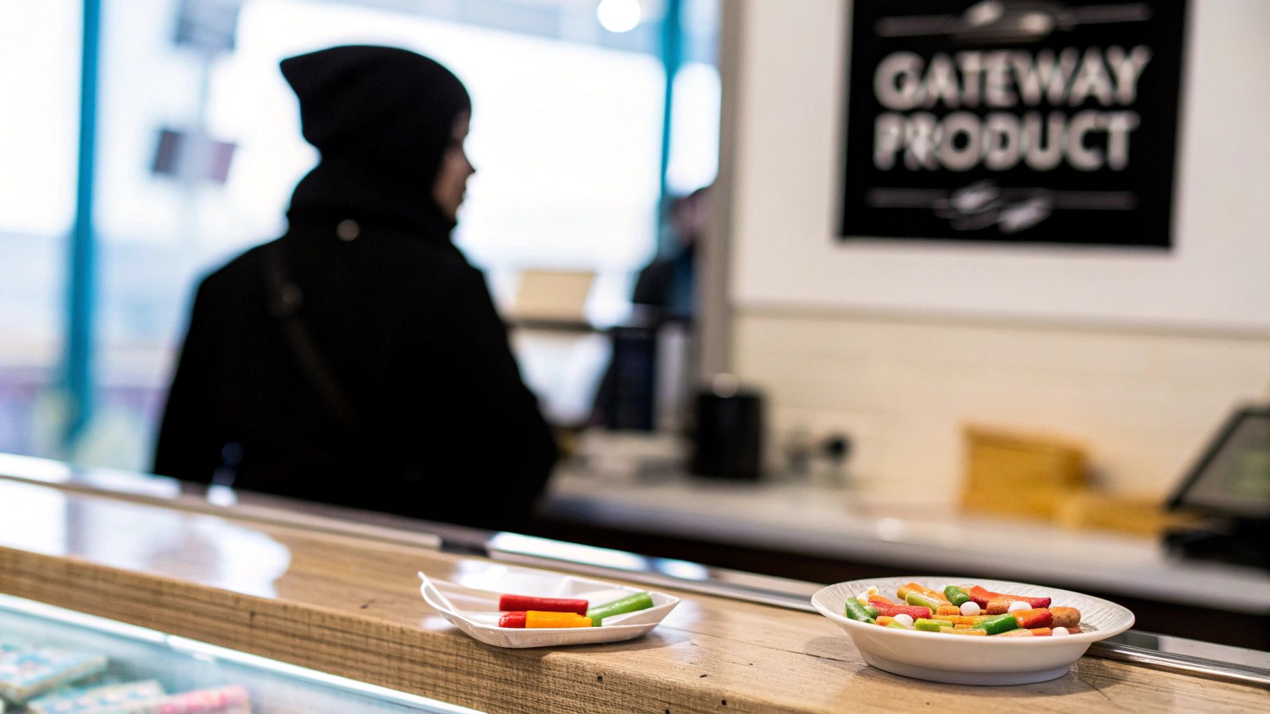 Colorful candy sticks and capsules arranged on plates on a wooden counter in a store.