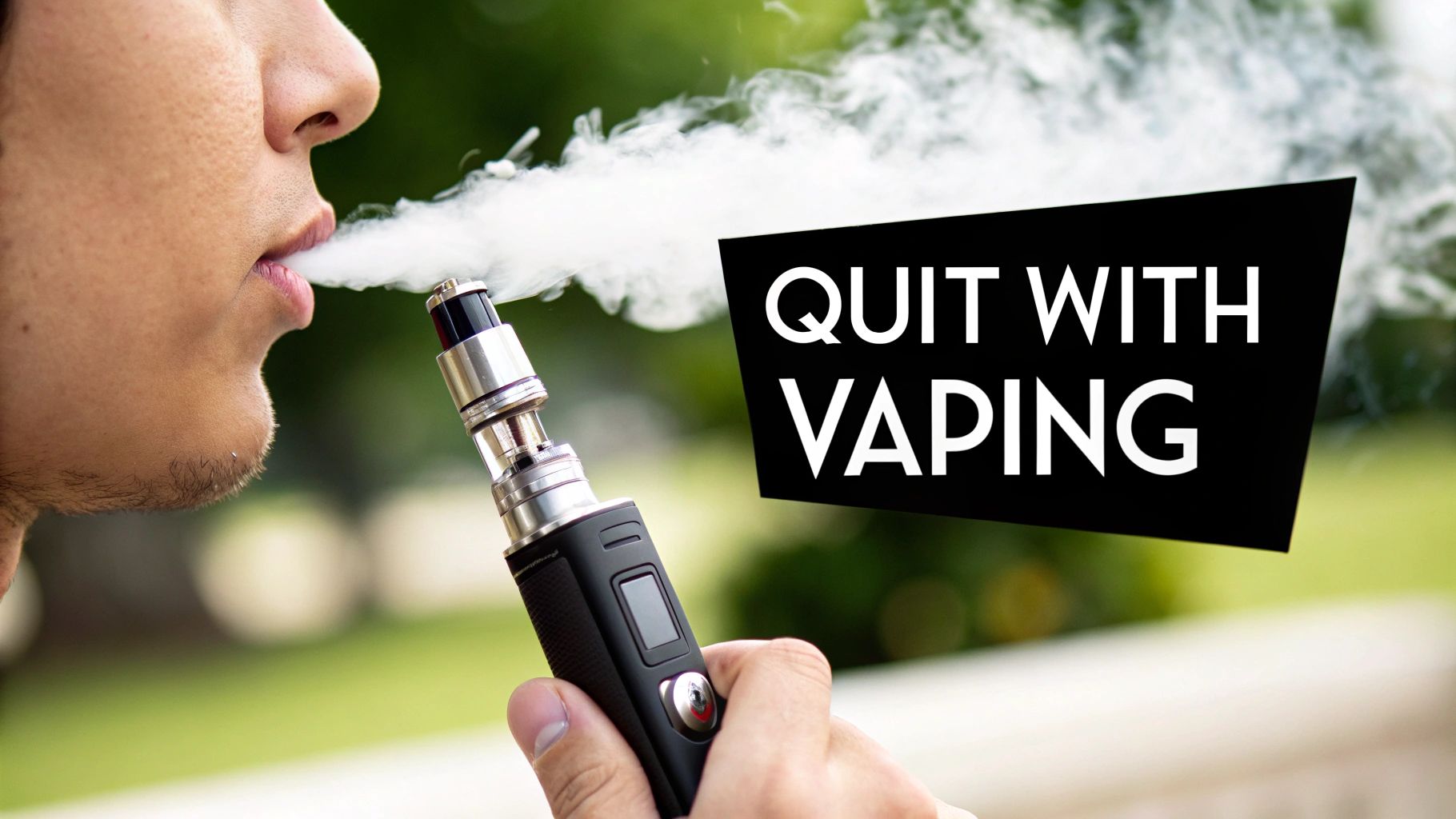 A person holding a vaping device, representing it as a tool to quit smoking